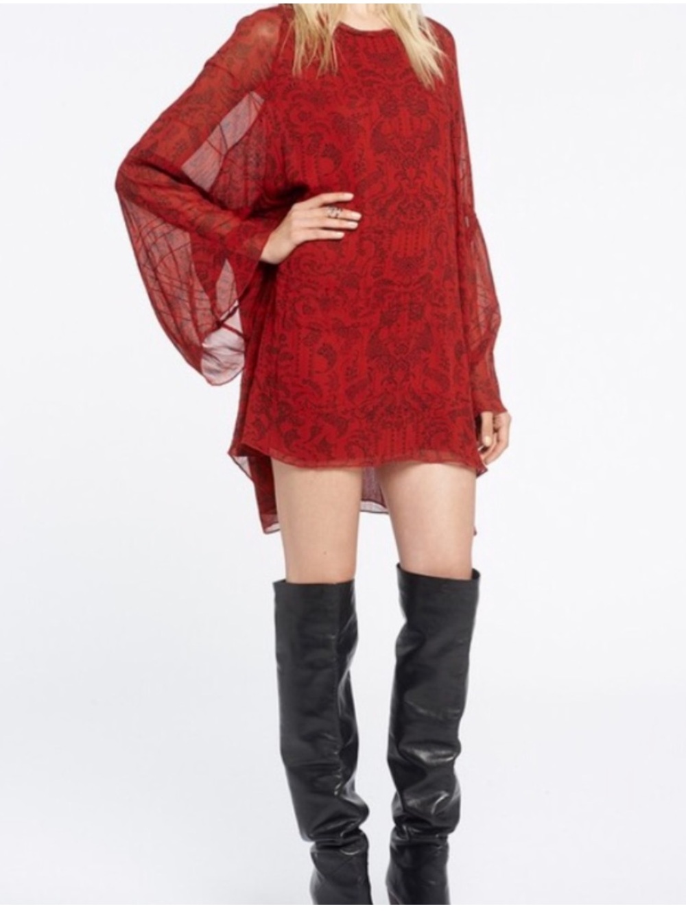 Iro Appoline Red Navy Mini Dress 36 Bell Sleeve Tunic Boho Peasant Lined